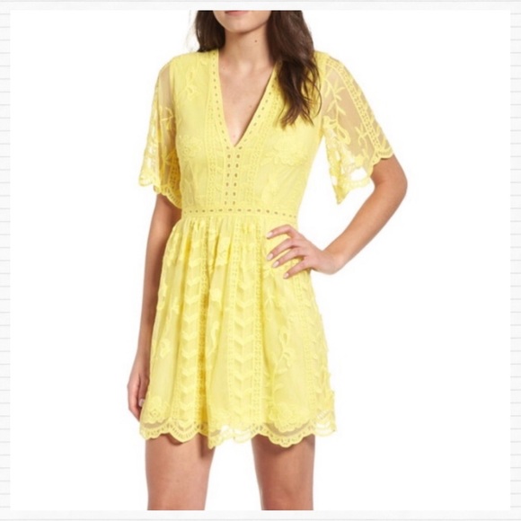 Socialite Yellow Lace Sheer Mini Dress - Picture 1 of 11